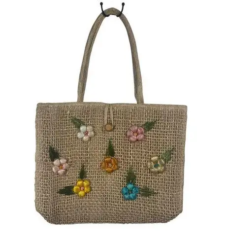 Vintage Wicker Straw Tote Bag Floral Shoulder Button Closure Spring Wicker Boho Tan