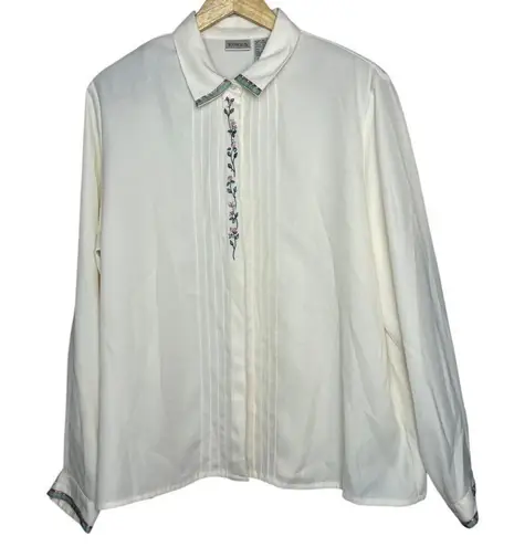 Vintage Koret Size 18 Pleated Long Sleeve Floral Embroidery Blouse Cream Purple