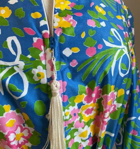 Vintage David Brown Floral Bouquet Cotton Zip Up Belted Caftan Dress Size Small Blue