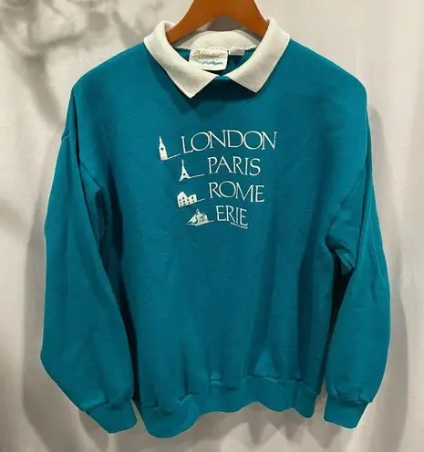 Chic Vintage 80’s teal collared sweatshirt soft London Paris Rome Erie luxe USA Blue Size L