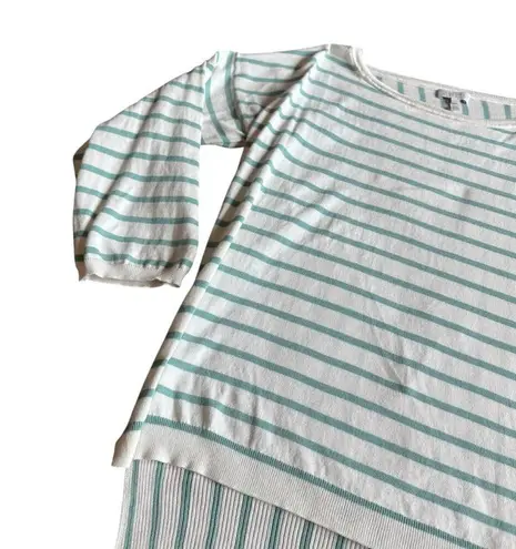 Escada Sport Teal White Stripe Sweater Stretch Cropped Sleeves Cotton Medium Blue