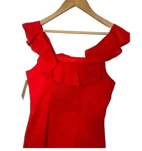 New Cremieux Dress Womens 4 Midi Smocked Back Ruffle Shoulder Summer Red Coastal