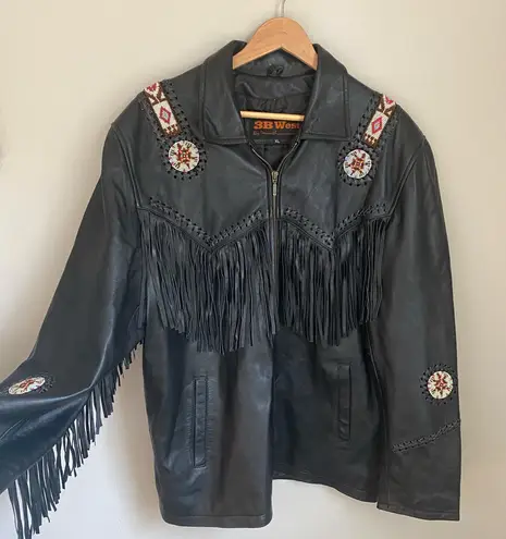 Vintage Fringe Beaded Black Western Leather Boho Y2K 90s Biker Jacket Size XL