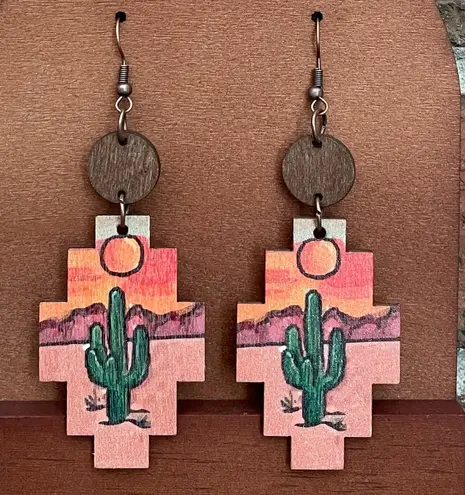 Desert Sunset Saguaro Cactus Wood Earrings Pink