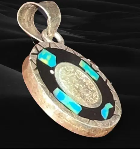 2 Sided Mayan Pendent With Bluish Green & Yellow Turquoise Inlay Blue