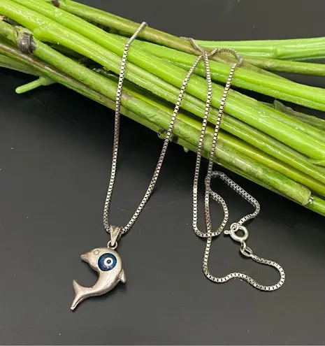 Unique Vintage 925 Sterling Silver Dolphin Blue Evil Eye Pendant 24” Necklace 7g