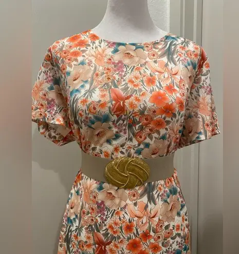 VTG Peach Orange Floral Print Short Sleeve Midi Dress
