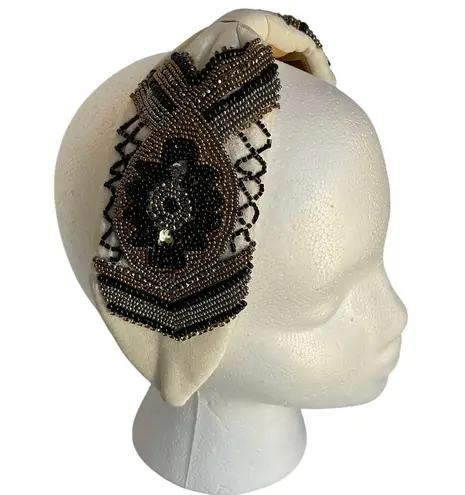 Hand Beaded Mexican Headband – Beige Padded Turban Style Embroidered Boho Gold