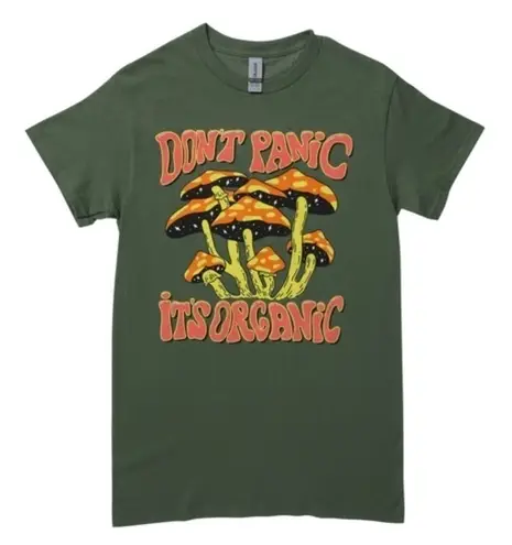 Gildan Graphic Tee M Don't Panic, It's Organic' Mushroom Green Psychedelic Shrooms Trip thumbnail 1