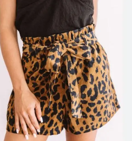 HAVE LA Corduroy Cheetah animal print belted paper bag Shorts brown black small