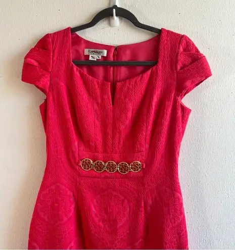 Kay Unger Dress Poppy Red Jacquard Cap Sleeve w/ Gold Chain Belt Accent Sz 4 EUC