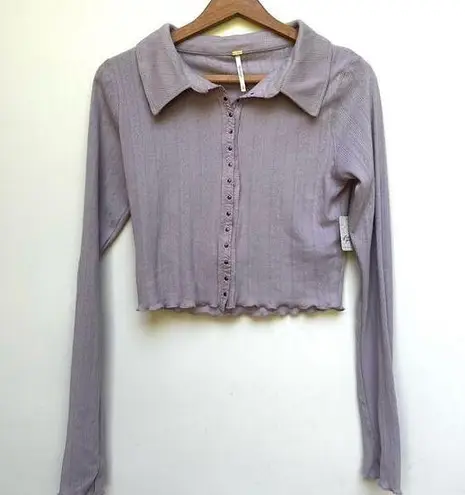 Free People NWT  Cropped Pointelle Long sleeve Knit Lavender Button Up Top M