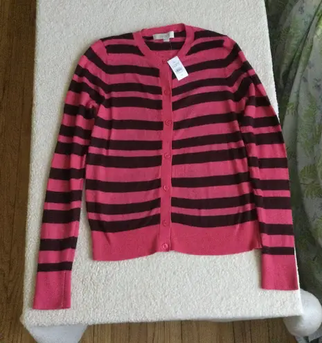 Loft NWT Ribbon Stripe Crewneck Cardigan Sweater Pink, Brown Rabbit Hair - Sz Medium