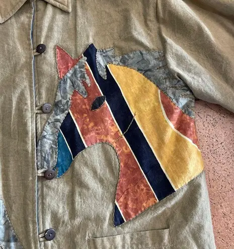 AMAZING Handmade reversible embroidered Horses quilted cotton Chambray Jacket Size L