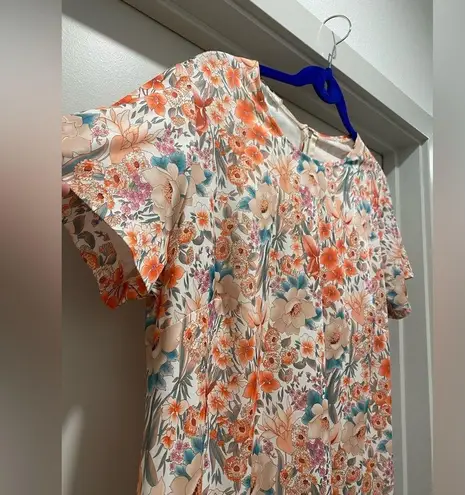 VTG Peach Orange Floral Print Short Sleeve Midi Dress