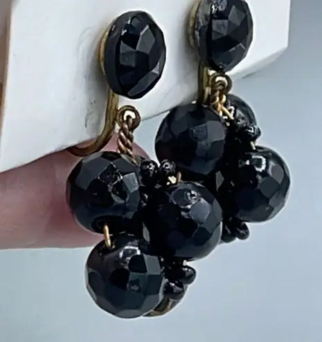 Vintage gold over sterling silver facetted black glass beaded earrings