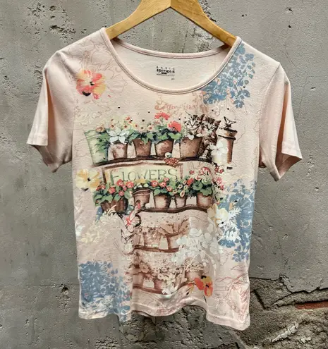 basic editions Vintage Y2K Cottage Core Pink Cat Floral Flower Graphic Rhinestone Baby Tee Top