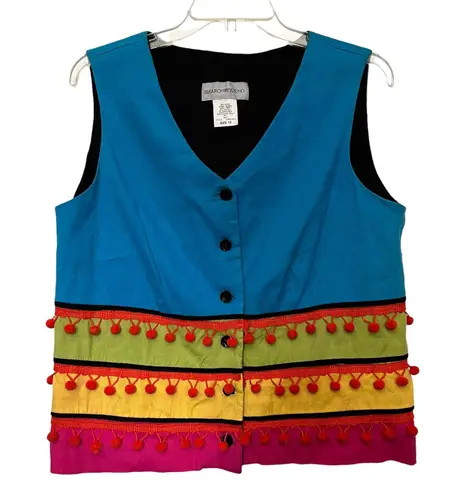 Vtg 90s Sharon Young Pom Pom Womens Vest 12 Linen Colorblock Boho Festival Artsy Blue