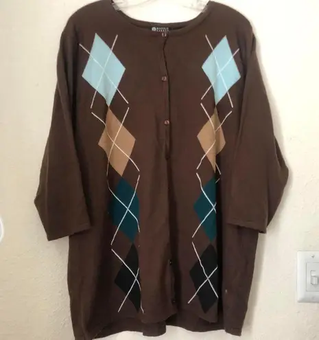 Maggie Barnes Brown argyle button up down shirt cardigan jacket 100% Acrylic