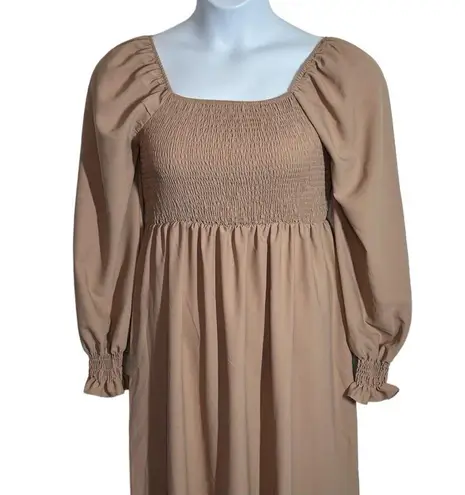 Khaki Boho Festival Square Neck Shirred Ruffle Hem Maxi Dress Size Large Tan