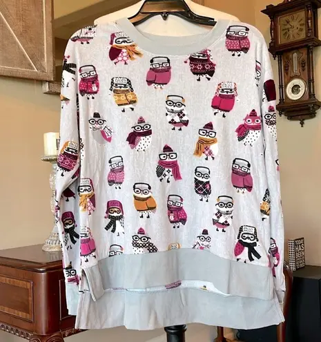 secret treasures Comfy Pajama Top Long Sleeve Fleece Soft Lightweight Owls Oversized Small