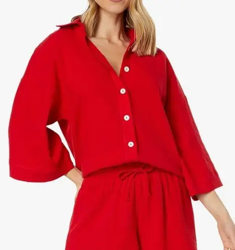 Charlie Holiday Red Cotton Gauze Harlow Button Down 3/4 Casual Oversized Shirt 6