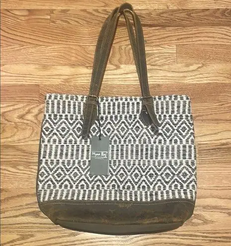Myra Bag Geometric Black and White Tote with Suede Accents