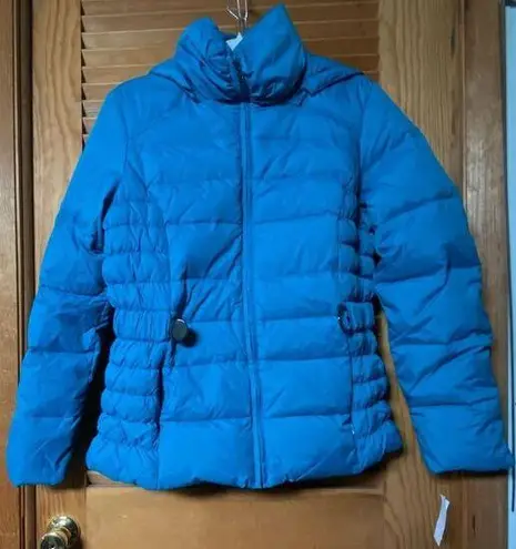 Covington Women's Large Blue Puffers Jacket with Belt Hooded Winter Casual