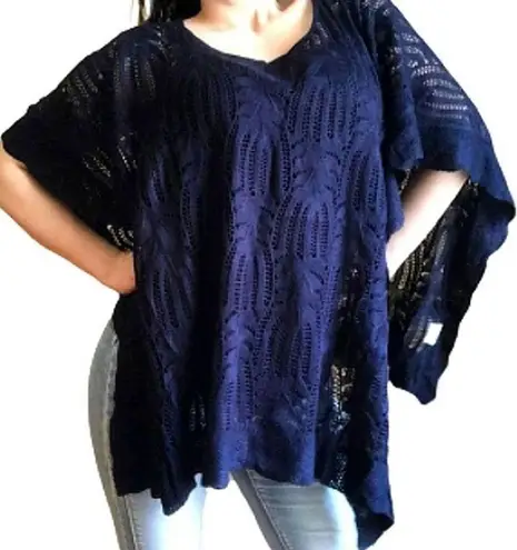 New York And Company  Poncho Top Navy Crochet Knit Lagenlook Boho Beach Cover Up