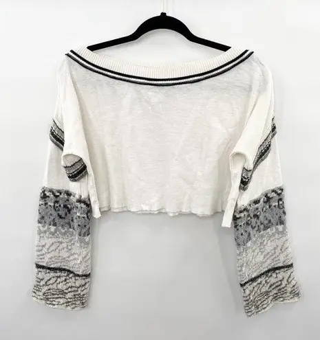 Free People  Sweater Cropped Long Sleeve White Black Wide Boat Neck Womens Small