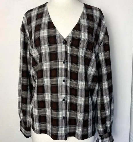 Treasure & Bond Plaid V Neck Button Up Long Sleeved Red White & Brown Boho Shirt