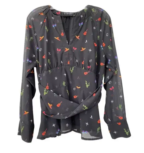 Eshakti Mariachi Print Twisted Sash Waist Peplum Blouse Size Large 14 Boho Chic