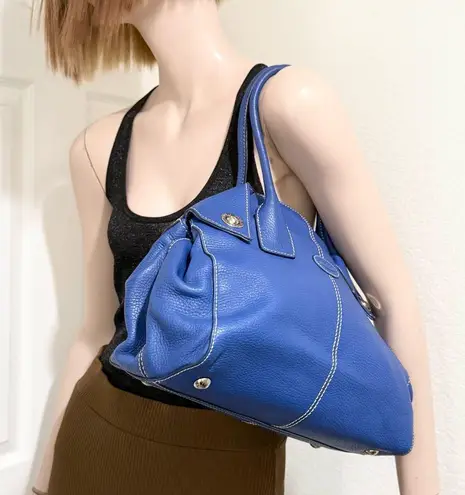 TOD’S Blue Pebbled Leather Contrast Stitch Button Snap Closure Satchel Crossbody