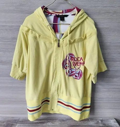 Rocawear Sweatshirt Vintage 90s Women 2X Plus Sequin Yellow Hood Zip 3/4 Sleeve