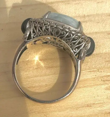 Sterling Silver Celadon Jade & Black Onyx CZ Filigree Ring