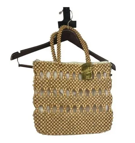 Vintage Magid Wooden Beaded Handbag Purse Tan