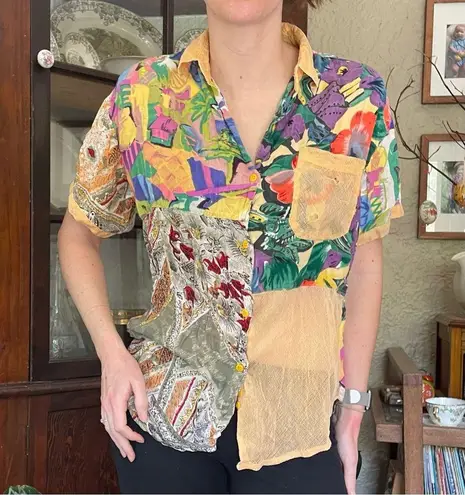 70s vintage psychedelic Colorful Patchwork women's Shirt After All mesh Orange Size M