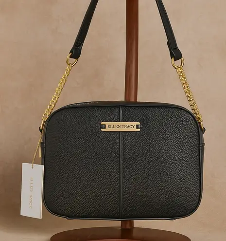 Ellen Tracy NEW Octavia Women's Black Pebbled Leather Gold Chain Crossbody Bag