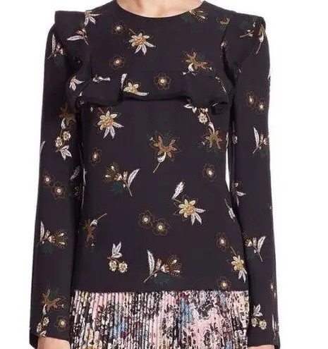 A.L.C. Annaleigh Black Silk Ruffle Floral Yoke Top Blouse
