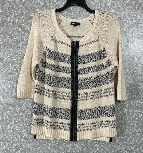 Trouve Ivory Striped Faux Leather Trim Zip Up Cardigan