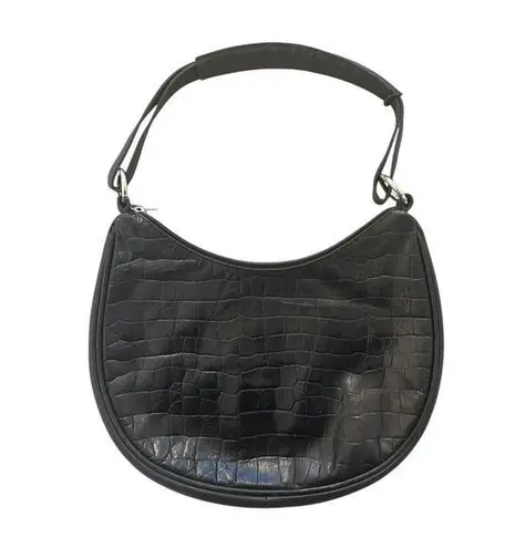 Maurizio Taiuti Leather Handbag Shoulder Bag Black Embossed Croc Half Moon Hobo