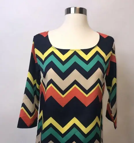 My Story Womens Shift Dress Size Small Blue Green Tan Orange 3/4 Sleeve Zig Zag