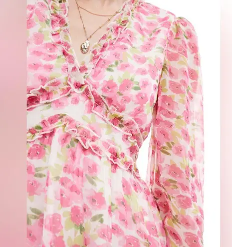 VERO MODA NWT Pink Floral Long Sleeve Smock Mini Dress VMSMILLA FRILL Size XXS