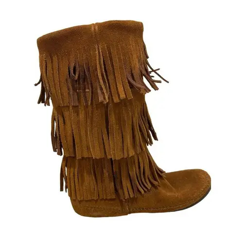 Minnetonka  Calf Hi 3-layer Suede Cognac Fringe Moccasin Boot Boho Hippie Women 9