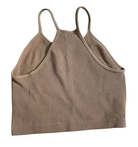 Sunzel Ribbed Crop Tank Top Large Brown Seamless Stretchy High Neck Workout Top