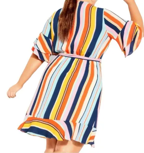 City Chic Wrap Dress Ruffle Sleeve Belted Pink Multi Stripe Women’s Plus Size 24