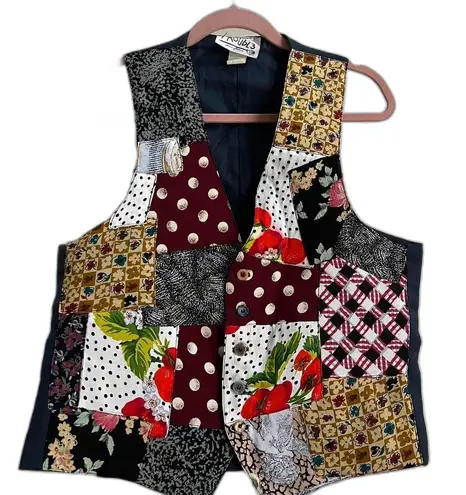 Vintage 80s Union Made Funky Vest Gingham Polka Dots Strawberries Patchwork Red Size M