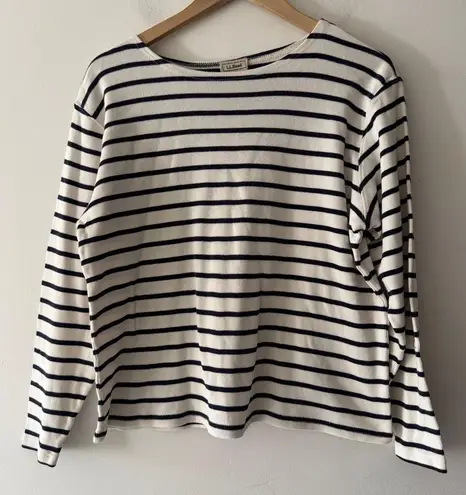 LL Bean Navy Blue and White Stripe 100% Cotton Long Sleeve Sweater Size L
