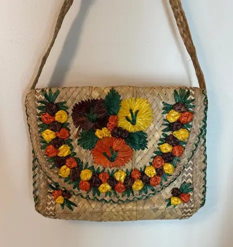 Vintage 1960s Woven Straw Purse Handbag Boho Flowers Green Orange Yellow