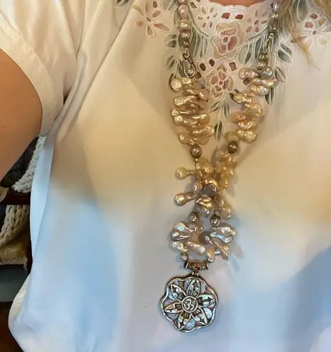 Keshi pearl & sacred OM mandala w/ unique charms along the string of pearls